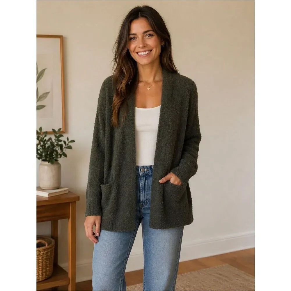 J. Jill Green Cardigan Sweater Soft Knit Open Front